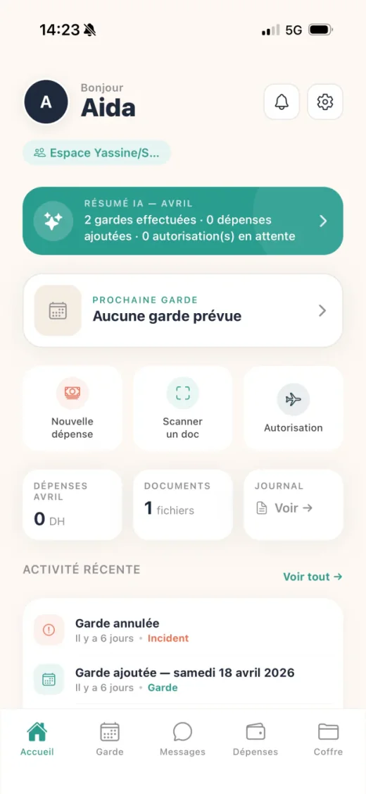 Accueil Divanote avec résumé des gardes, dépenses, documents et activité récente